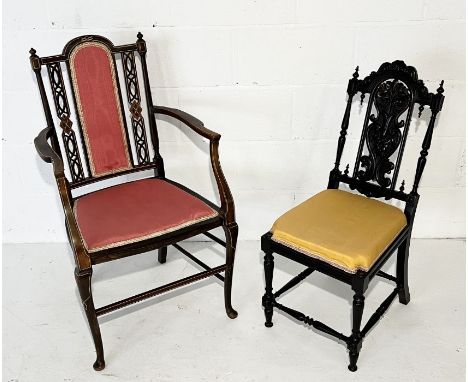 Two Edwardian chairs, one ebonised hall carved hall chair with bobbin turned legs and a lattice back inlaid armchair 