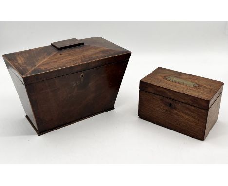 A Georgian tea caddy and another smaller with campaign handle - both A/F