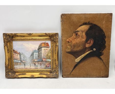 An acrylic on canvas of a Parisian scene by Caroline Burnett together with an oil on canvas portrait of a gentlemen by G.E.Tr