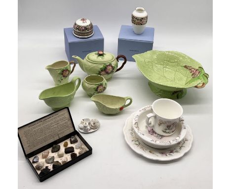 A collection of china including Carltonware cabbage leaf pattern, Wedgwood, Royal Albert Beatrix Potter etc. 
