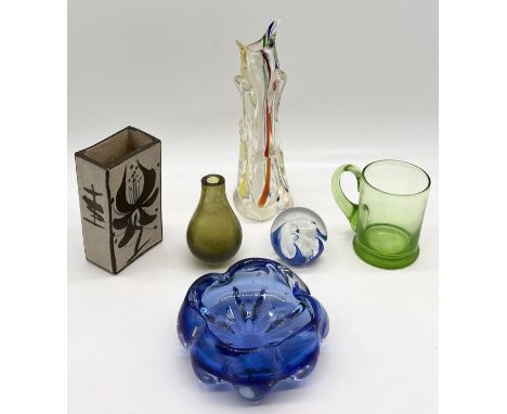 A small collection of art glass and studio pottery including Selkirk glass paperweight, Caithness etc.