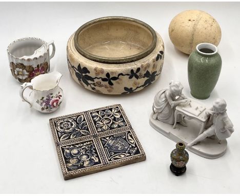 An assortment of china etc including Royal Crown Derby jug, ostrich egg, antique tile etc.