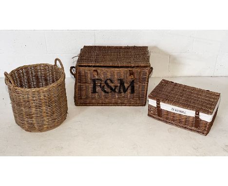 Three wicker baskets including log basket and Fortnum &amp; Mason hamper A/F