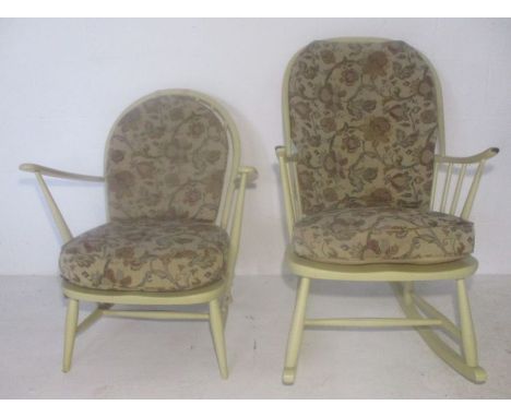 A vintage (1979) painted Ercol rocking chair and armchair .