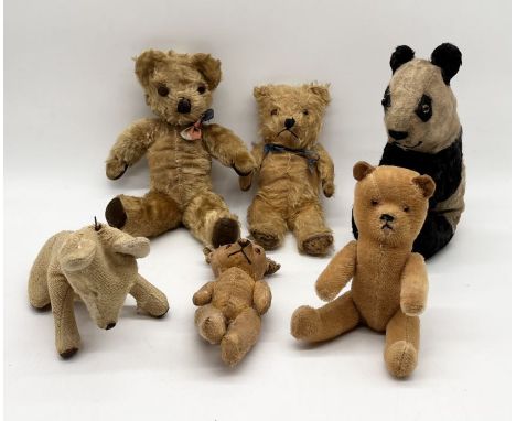  A collection of small antique and vintage teddy bears including a possible Chiltern Hugmee bear, panda and fox, most A/F