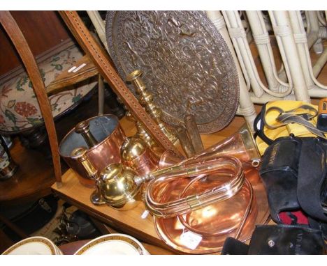 An antiques Hawkes &amp; Son brass and copper bugle in company with assorted metalware