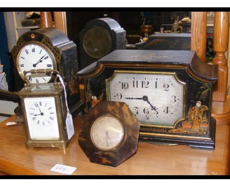 A brass cased carriage clock, together with three 1930's style clocks 