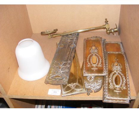 Eleven brass vintage doorplates, together with a brass gas lamp  