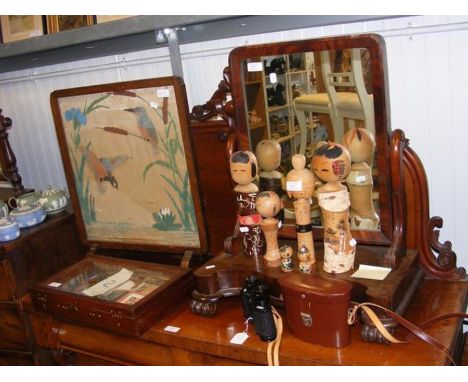 A Victorian toilet mirror and a firescreen 