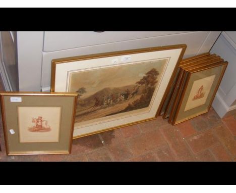 A framed and glazed print 'One Mile from Gretna', together with a set of six sepia plates 