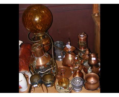 A brass and copper miner's lamp, together with other metal ware 