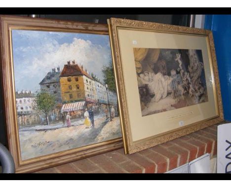 Oil on canvas of French street scene together with a coloured print