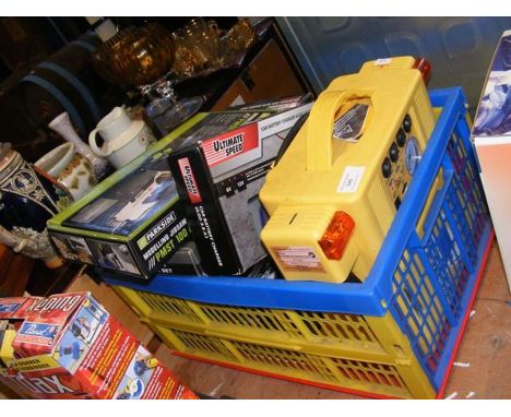An Auto-XS Jump Start with Air Compressor, a 12V oil pump, a Parkside modelling jigsaw, battery charger, together with other 
