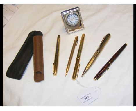 Various collectable fountain pens, silver frames travelling clock