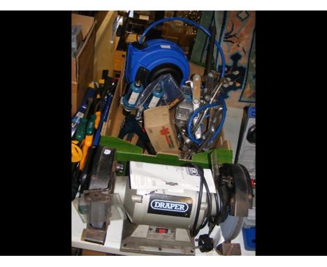 A Draper bench grinder together with a Workzone air filter regulator and lubricator etc