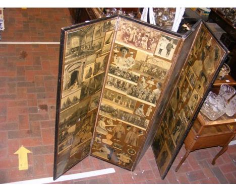 A four-fold Victorian screen decorated with various monochrome portrait prints 