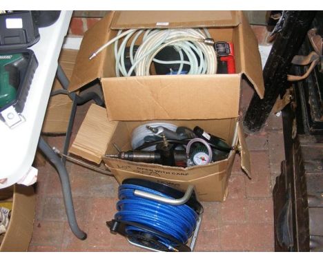 New pneumatic piping, together with air multi tools and other boxed new tools (contained in two cardboard boxes) 