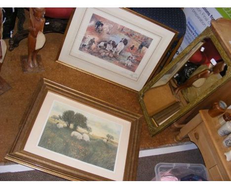 A coloured print of hunting dogs together with Limited Edition of sheep and a mirror