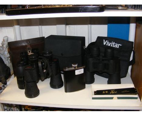 Three pairs of cased binoculars, hip flask, etc. 