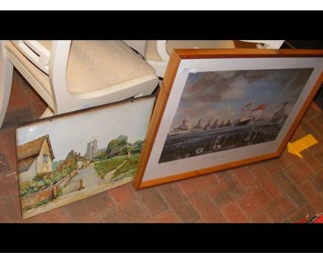 A framed maritime print 'The Spithead Fleet Review', together with a watercolour of church - signed MARC 