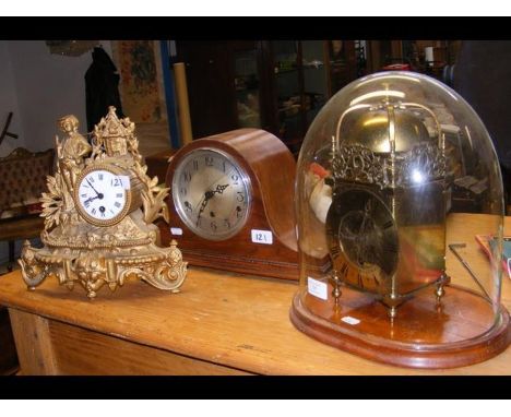 A lantern style clock under glass dome, together with two other clocks 