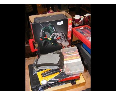 A Parkside plunge saw PTS710 A1, Powerfix tool set, together with other tools 