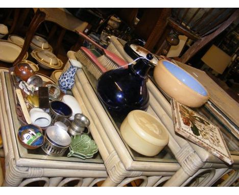 An assortment of collectable curios including E. Walley Cobridge tile and bulbous Bristol ?blue glass fly trap