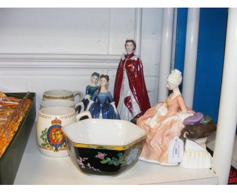 A Royal Worcester figure of Queen Elizabeth, two Royal Doulton figures of ladies, together with other ceramics 