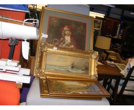 An oil on board of three masted ship in rough seas, together with Pears Soap print etc