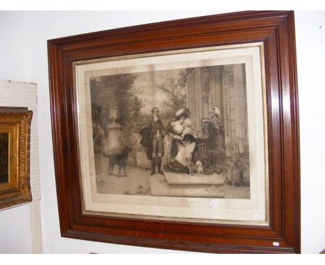 A large monochrome print 'Departure for the Honeymoon' in oak frame
