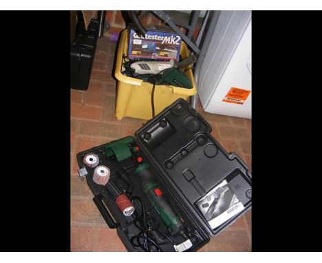 A medley of power tools including cased mini circular saw and cased sanding brush