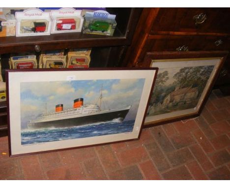 Cunard Line Queen Elizabeth coloured print signed by the Captain, together with a watercolour of Island Church