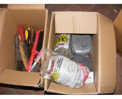A quantity of tools, brushes and steel wool - in two boxes