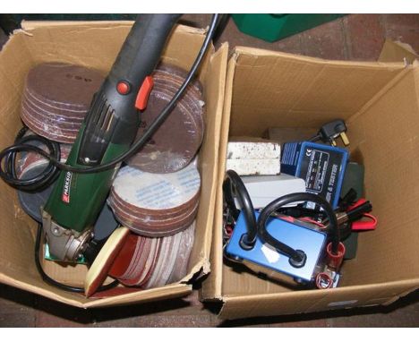 A Parkside electric sander/buffer, together with a box of electrical and other tools 