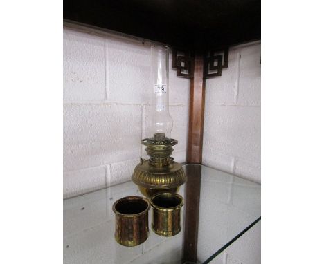 Brass paraffin lamp & and heavy brass pots