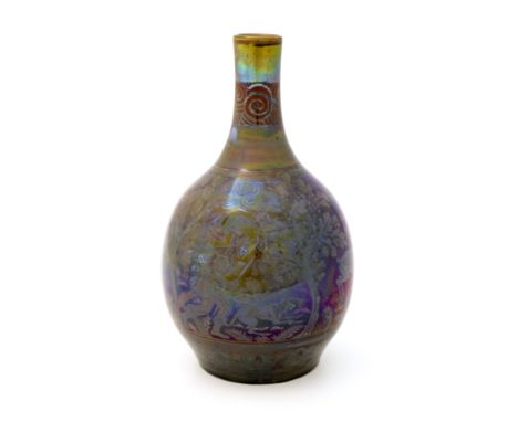 Richard Joyce for Pilkington, a Royal Lancastrian lustre vase, 1914, spherical bottle form, painted with a Medieval hunting s