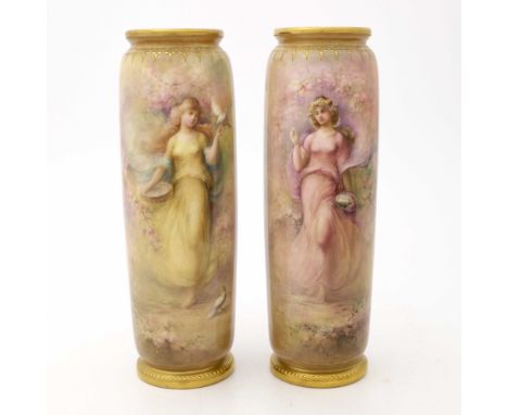 George White for Royal Doulton, a pair of painted vases, rounded cylindrical rolling pin form, each painted with a chiffon cl