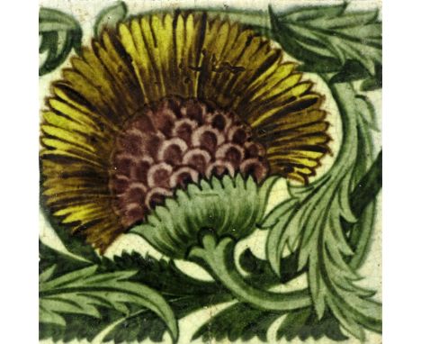 William De Morgan, a BBB sepia tile, circa 1885, clockwise scrolling flower head, De Morgan mark, 15cm square