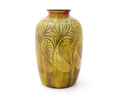 Pilkington, a Royal Lancastrian trial lustre vase, circa 1905, shouldered form, painted with looping feathered fronds and spo