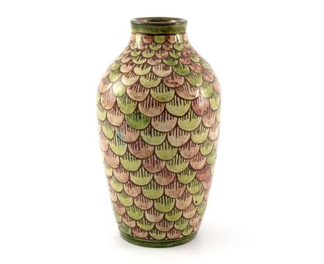 John Fogo for Della Robbia, an art pottery vase, 1899, shouldered form, sgraffito decorated with fishscale decoration in diag