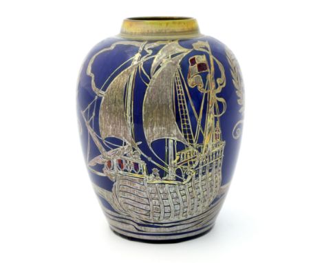 Gordon Forsyth for Pilkington, a Royal Lancastrian lustre galleon vase, 1908, shouldered ovoid form, painted with a ship in f