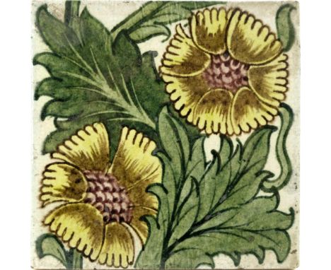 William De Morgan, a K L Rose sepia tile, circa 1885, yellow, pink and green, Merton Abbey mark, 15cm square