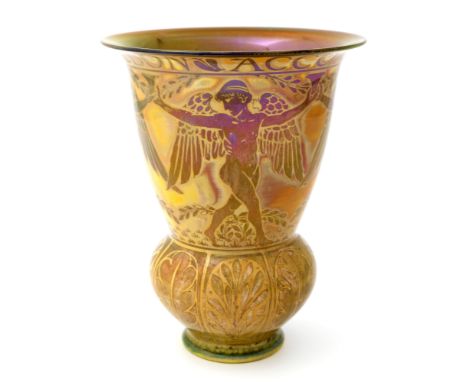 Walter Crane and Charles Cundall for Pilkington, a Royal Lancastrian lustre Bone Accorde vase, 1910, double ogee bulb based a