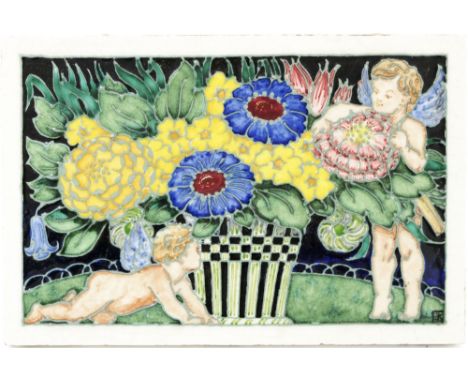 Edmund Kent for Pilkington, a Royal Lancastrian tubelined tile, circa 1910, decorated with winged putti or fairies beside a b