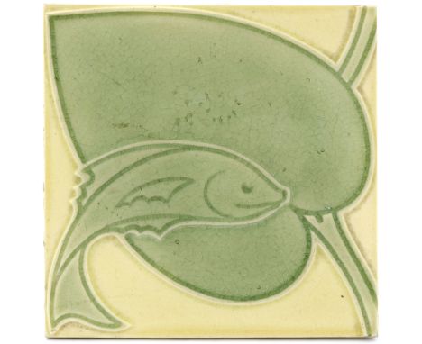 C F A Voysey for Pilkington, a Royal Lancastrian two tile panel, circa 1900, Fish and Leaf, dust pressed waterlily and fish d