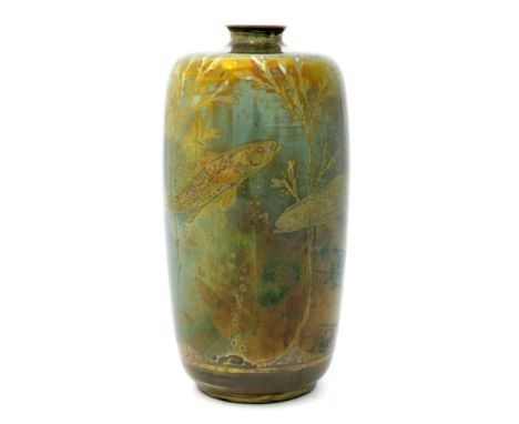 Richard Joyce for Pilkington, a Royal Lancastrian lustre fish vase, 1918, shouldered cylindrical ovoid form, painted with an 