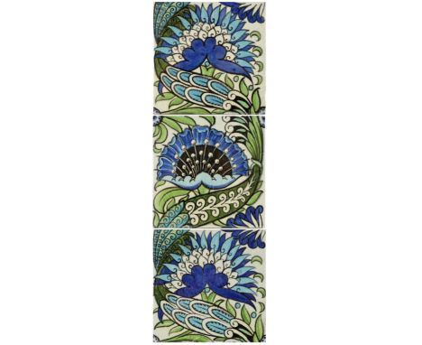 William De Morgan, a Mongolian three tile panel, circa 1885, in Persian colours, impressed Merton Abbey marks, each 15cm squa