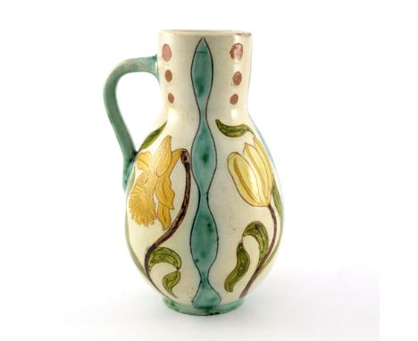 Violet Woodhouse for Della Robbia, an art pottery jug, bulbous gourd form, sgraffito decorated with alternating tulips and da