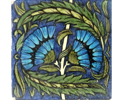 William De Morgan, a large Fan tile, circa 1880, Persian colours, lower tile, impressed De Morgan mark, 20cm square
