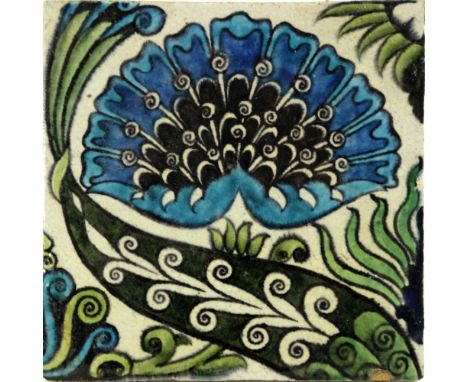 William De Morgan, a Mongolian tile, circa 1890, Persian colours, impressed Sands End Pottery mark, 15cm square